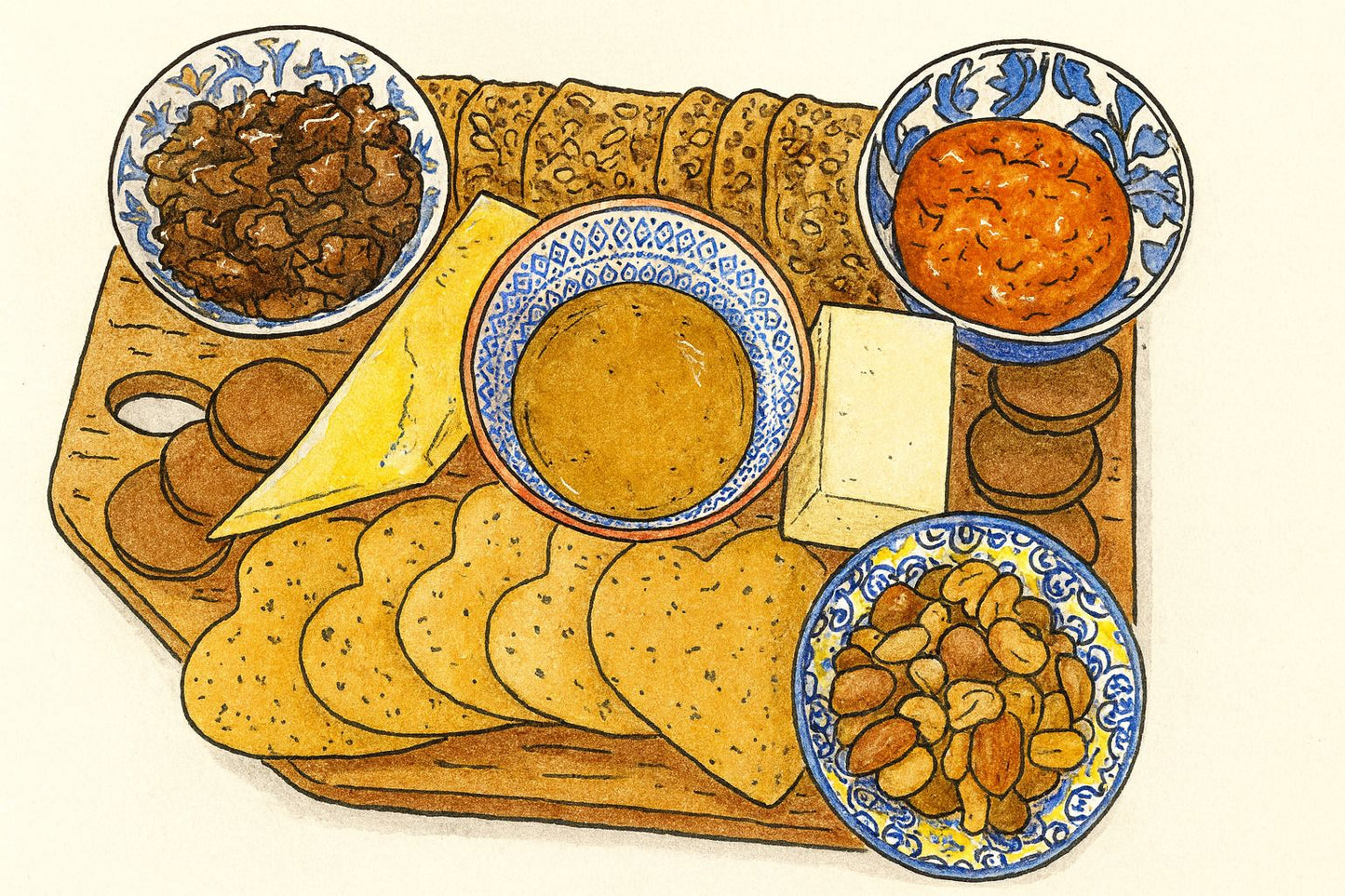 Illustration of a charcuterie board with various snacks on a wooden board.