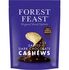 Packaging of Forest Feast salted dark chocolate cashews on a white background