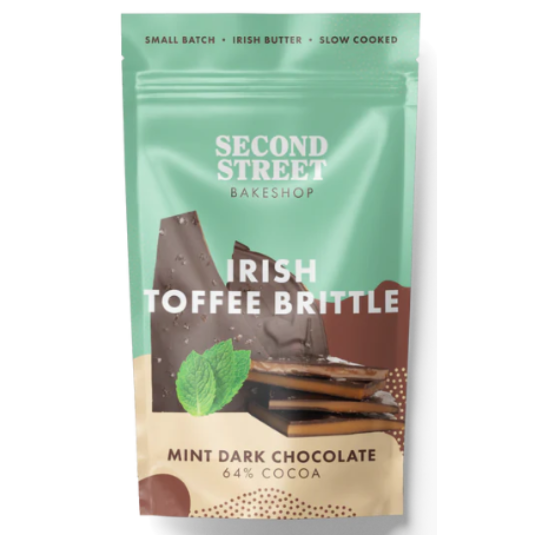 Packaging of Second Street Bakeshop Irish Toffee Brittle with mint dark chocolate flavor on a white background.