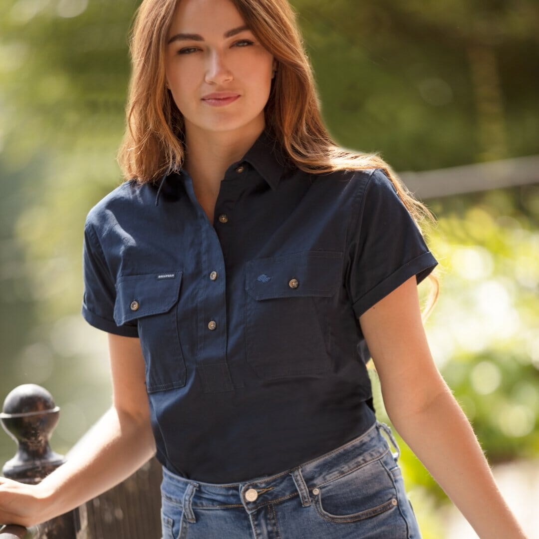 Women's Country Cotton Work Shirt-Short Sleeve Shirts Ballybar 8 Navy