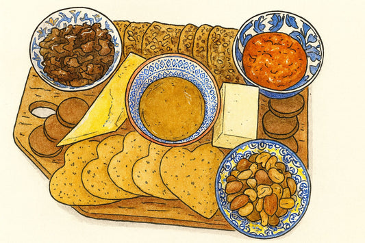 Illustration of a charcuterie board with various snacks on a wooden board.