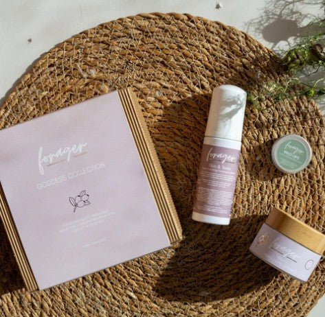 Goddess skincare gift set with face wash, hydrating serum and natural lip balm in blush presentation box