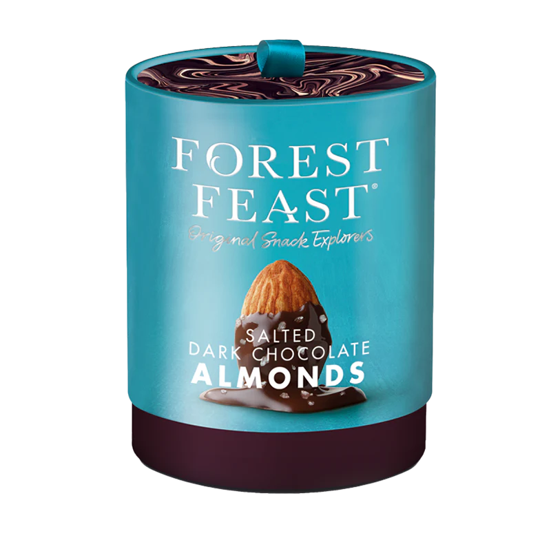 A tub of Forest Feast salted dark chocolate almonds with a black and grey checkered background .
