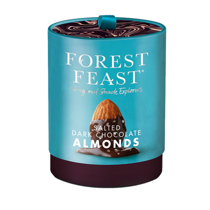 A tub of Forest Feast salted dark chocolate almonds with a black and grey checkered background .