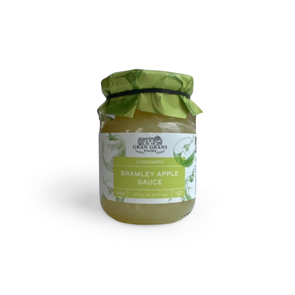 Jar of Bramley Apple Sauce with green label on a white background