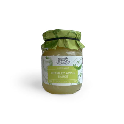 Jar of Bramley Apple Sauce with green label on a white background