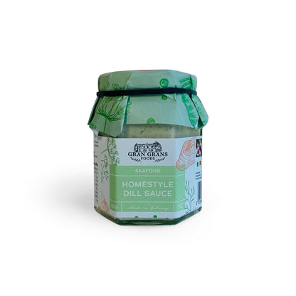 Jar of Gran Gran's Homestyle Dill Sauce with green label on white background