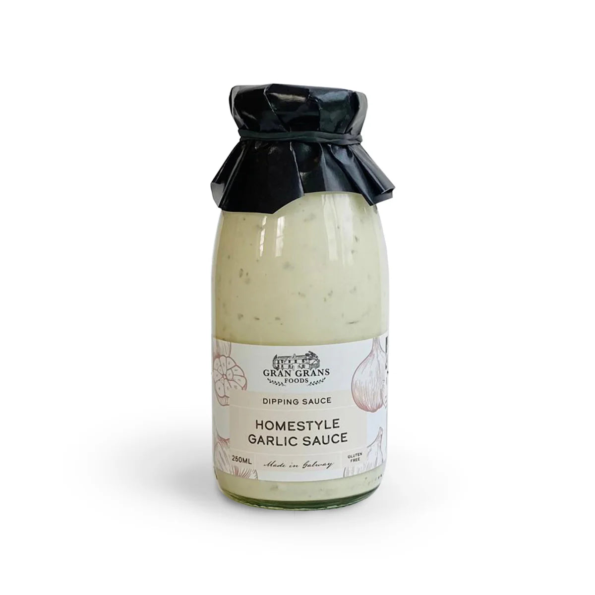 Bottle of homestyle garlic sauce with a black cap on a white background