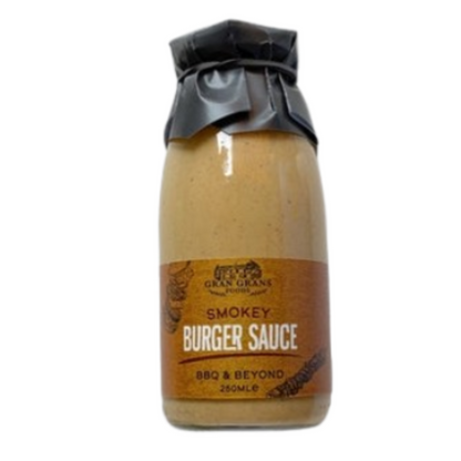 Bottle of Gran Gran's Smokey Burger Sauce on a white background