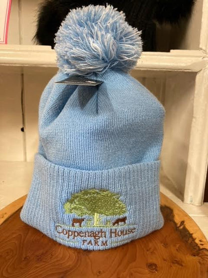 A light blue bobble hat with an embroidered logo on the front.