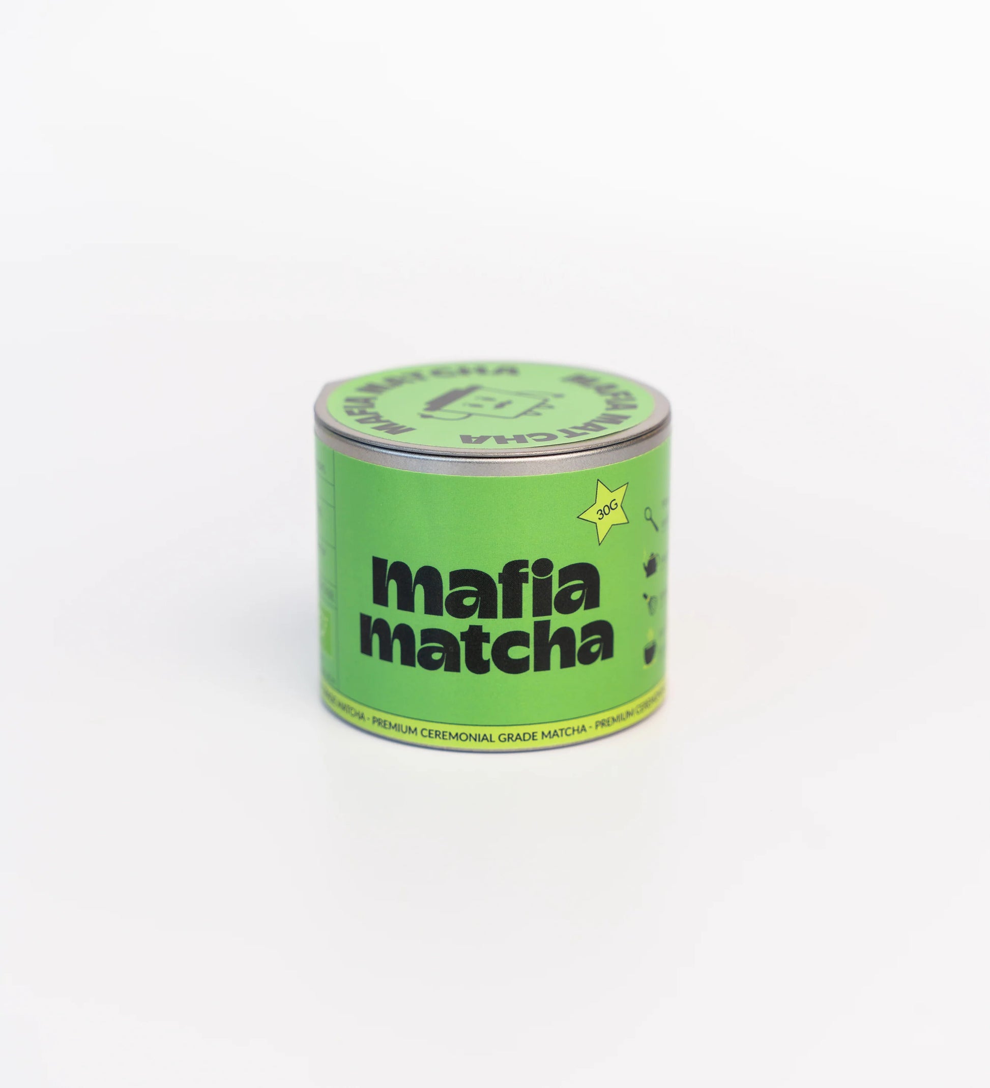 Green Tin of Matcha on a white background