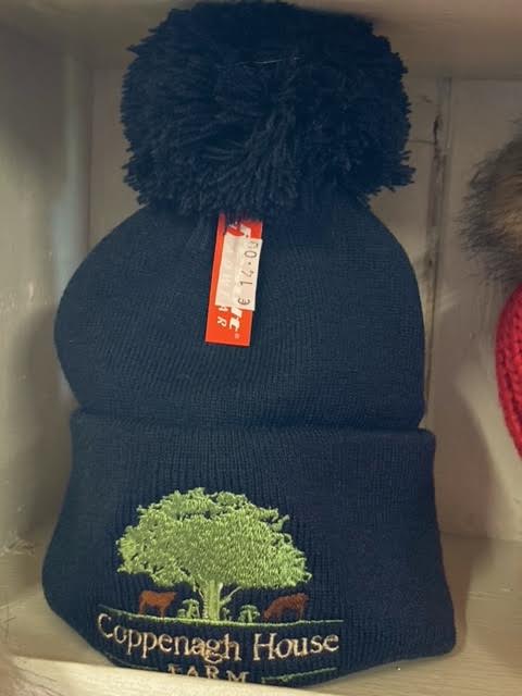 A navy bobble hat with an embroidered logo on the front.
