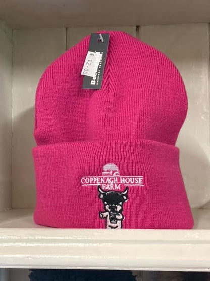 A pink beanie hat with an embroidered logo on the front.