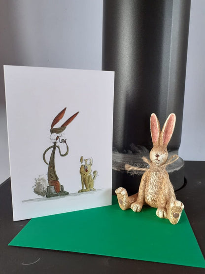 Card with a farmer rabbit and his dog