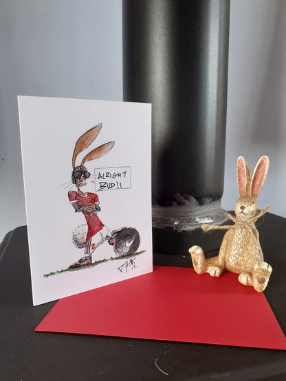 Card with a rabbit wearing Manchester United football gear