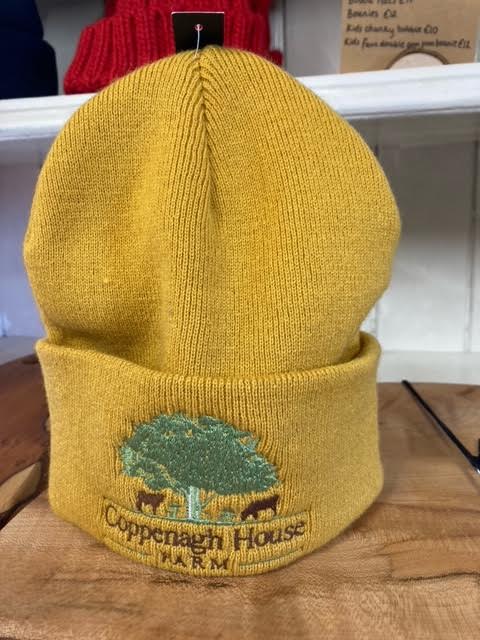 A yellow beanie hat with an embroidered logo on the front.